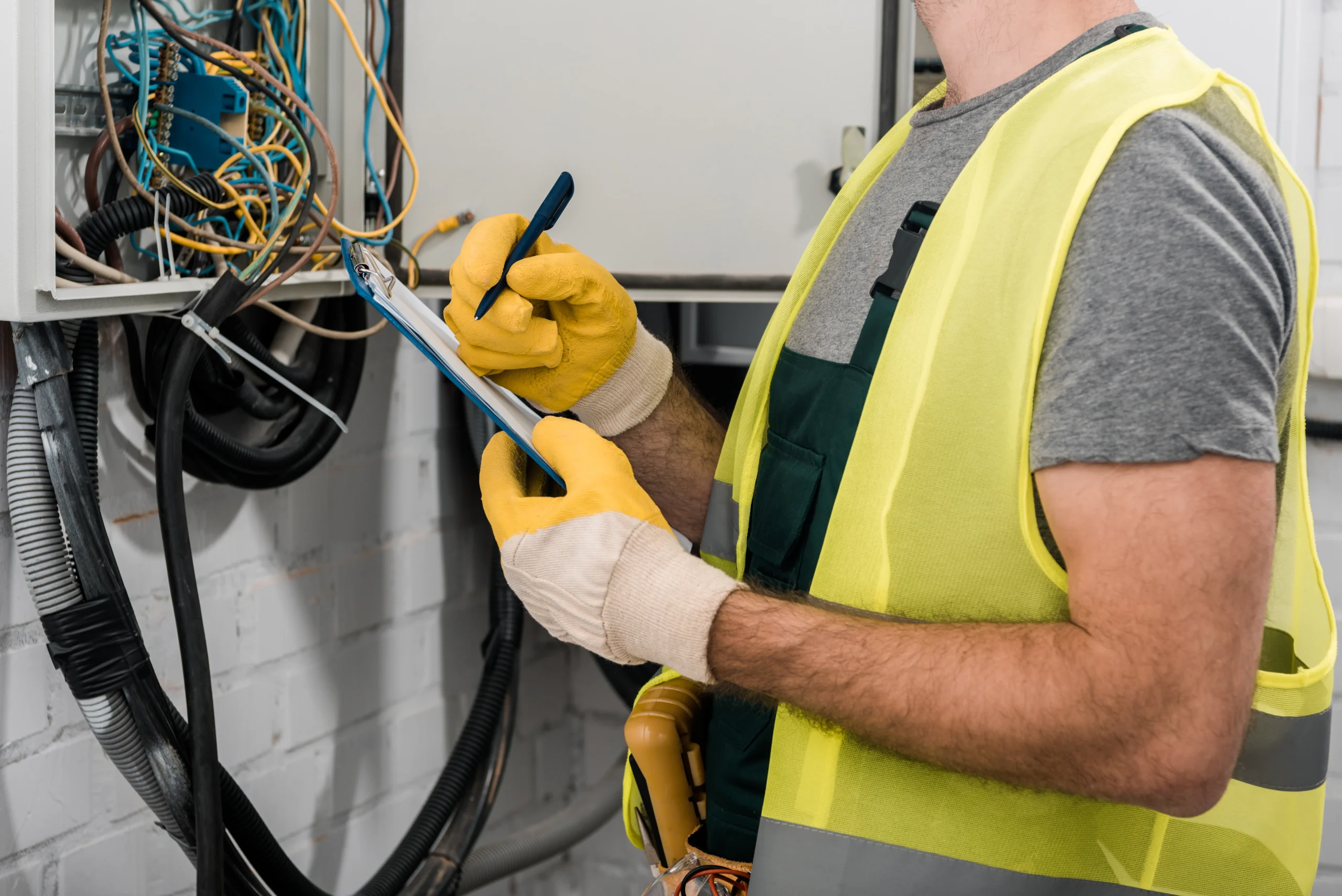 A worker wearing a yellow safety vest and gloves writes on a clipboard while inspecting electrical wires and equipment in an open control panel, typical of a residential electrician Suffolk County, NY.