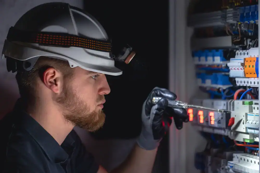 A commercial electrician Suffolk County in NY, wearing a hard hat, gloves, and a headlamp, uses a screwdriver to work on an electrical panel with illuminated components.