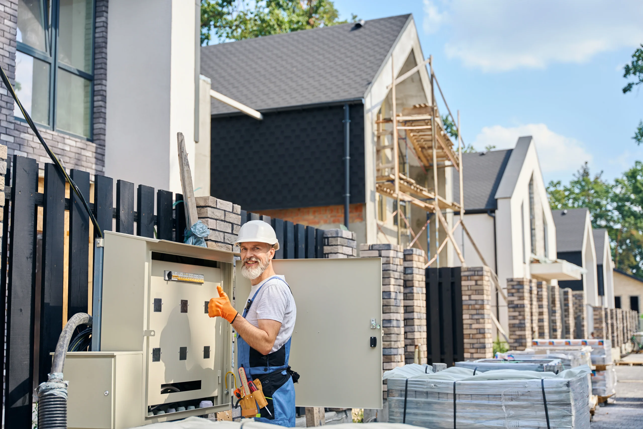 An NY residential electrician wearing a hard hat and gloves works on an open electrical panel outdoors near modern houses under construction, smiling at the camera. Construction materials and scaffolding are visible nearby.