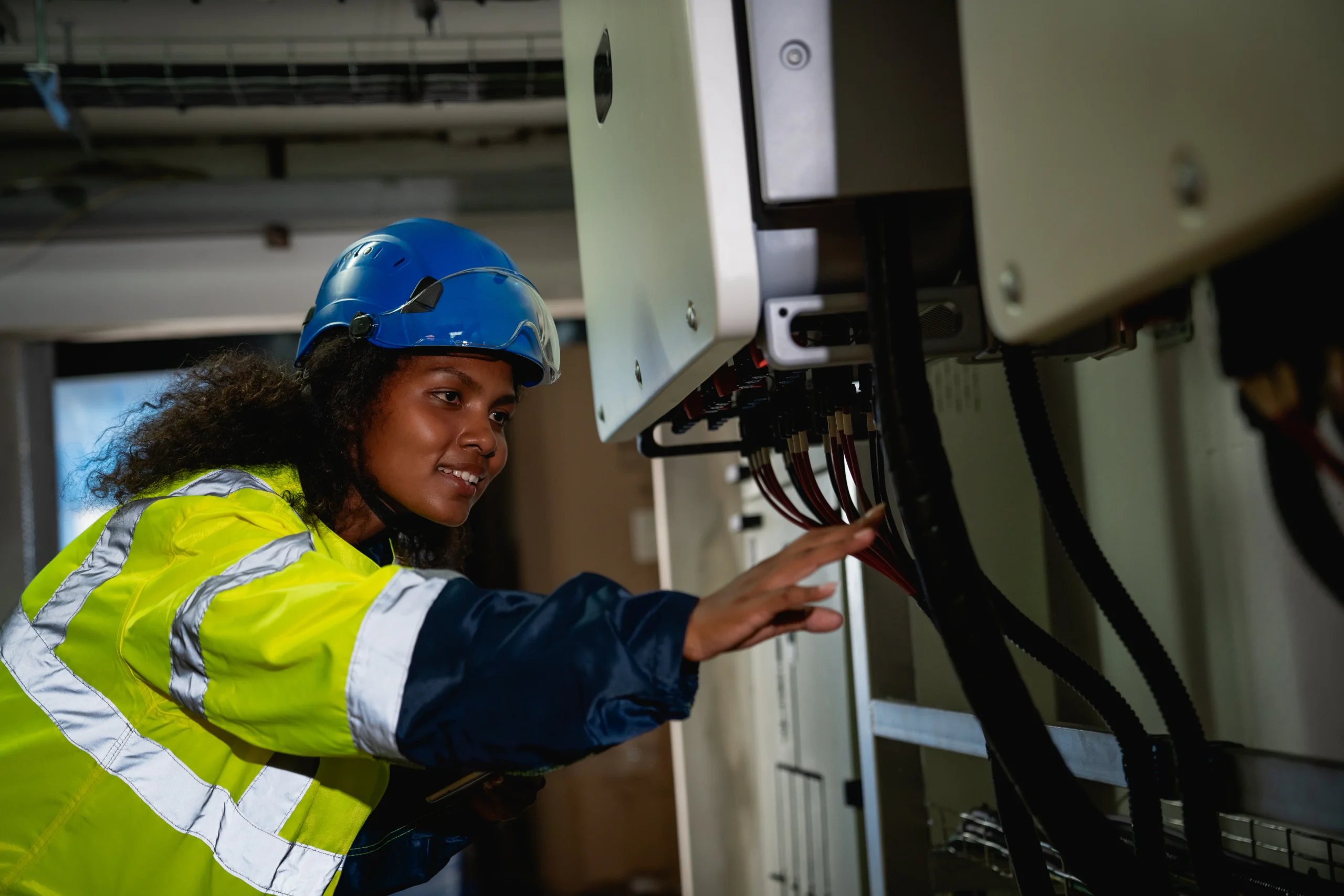A woman in a blue hard hat and yellow reflective jacket inspects electrical panels and wiring indoors—demonstrating the expertise of a commercial electrician Suffolk County trusts in NY.