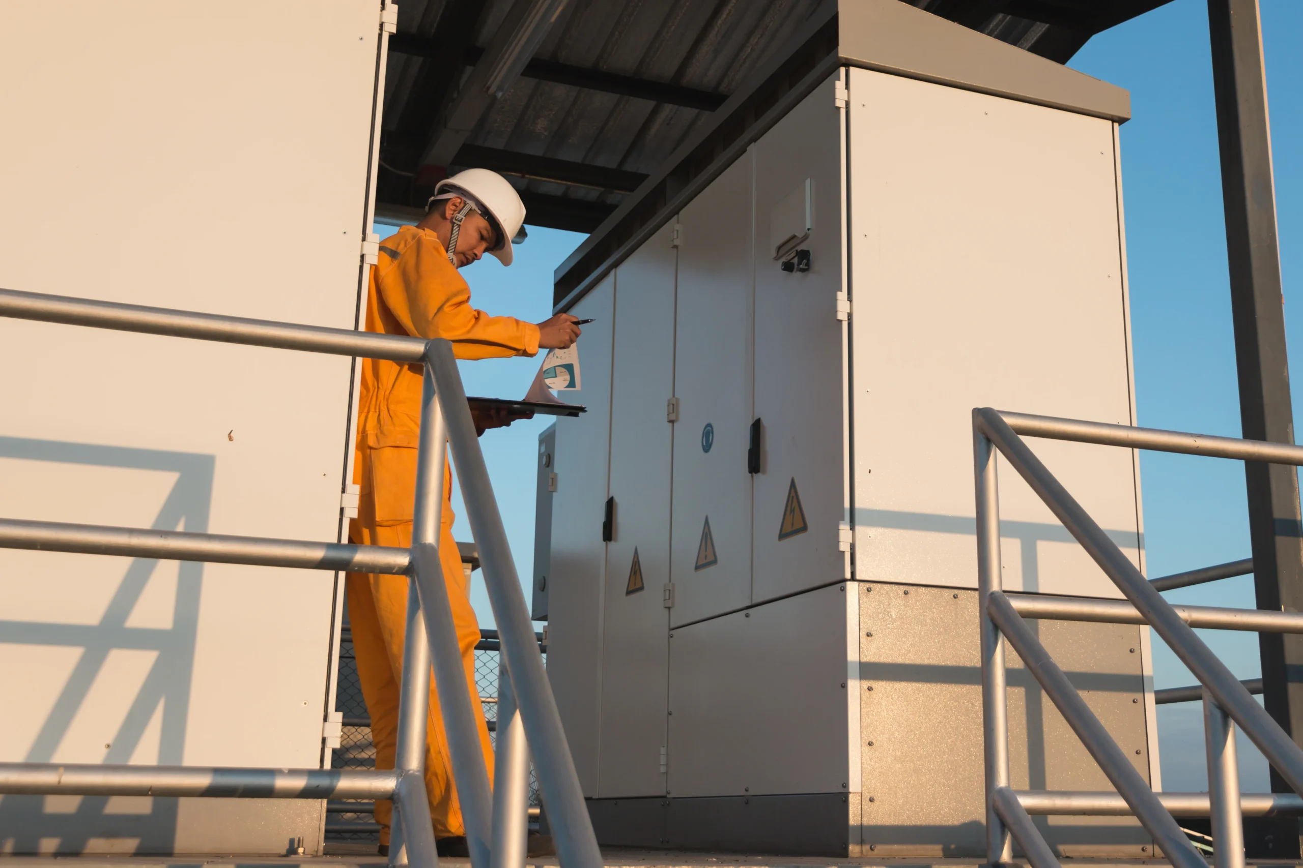 A commercial electrician Suffolk County, NY, in a yellow uniform and white hard hat inspects outdoor electrical cabinets, holding a clipboard and pen while standing on a metal platform with railings.