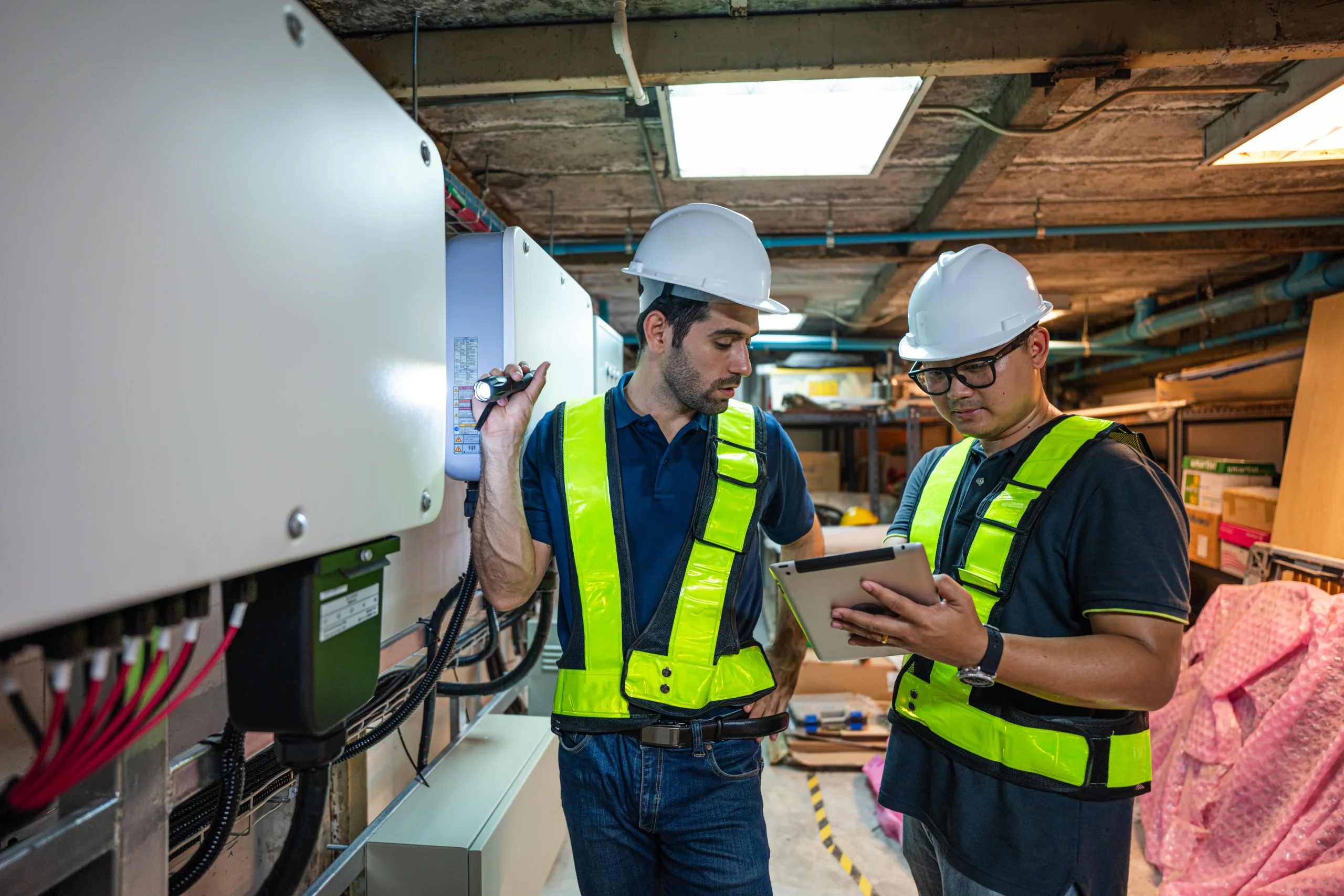 Two workers wearing safety vests and hard hats inspect electrical equipment in an industrial setting. A commercial electrician Suffolk County, NY holds a flashlight, while the other checks a tablet as they discuss the task at hand.