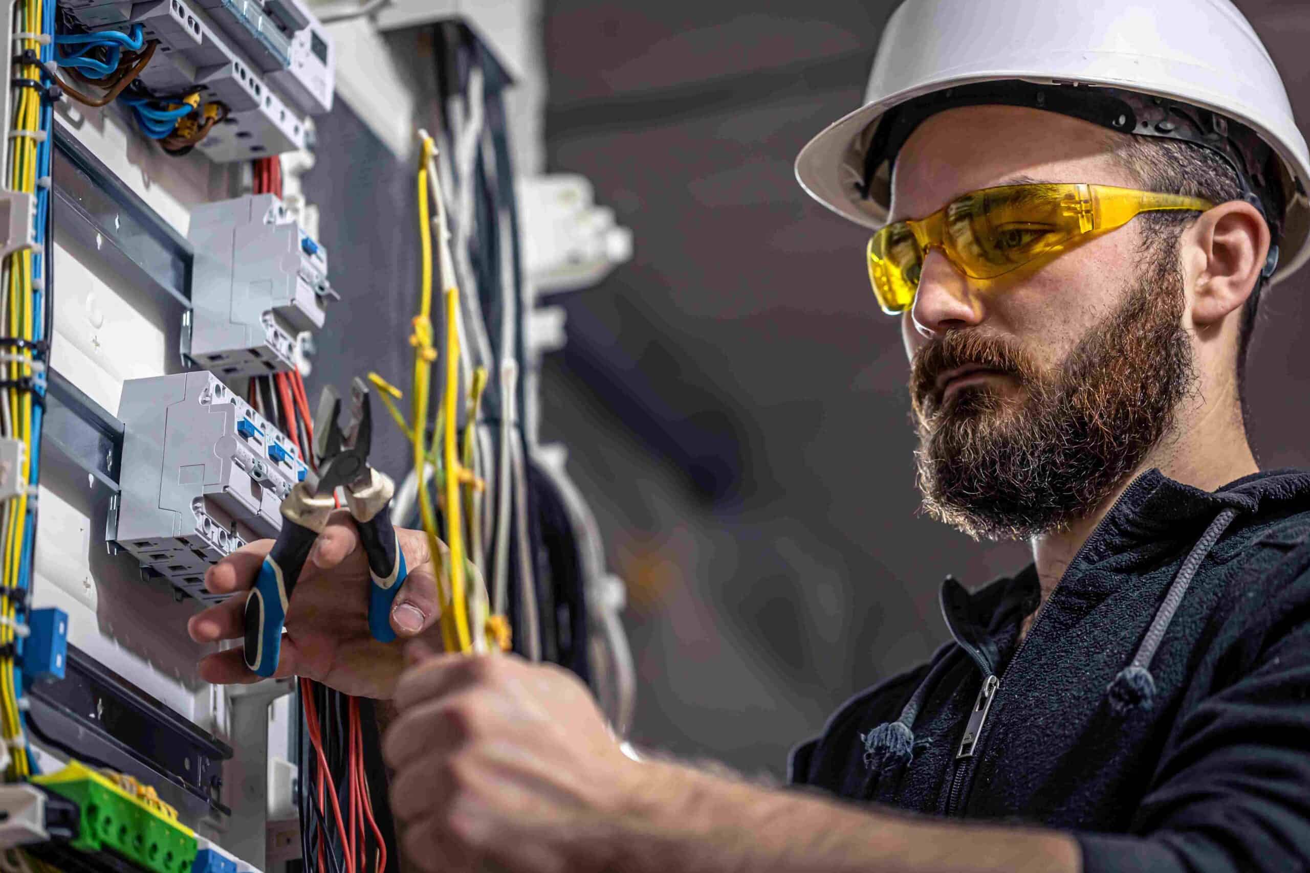 A bearded man wearing a white hard hat and yellow safety glasses uses pliers to work on electrical wiring in a circuit breaker panel, showcasing the expertise of a residential electrician Suffolk County trusts in NY.