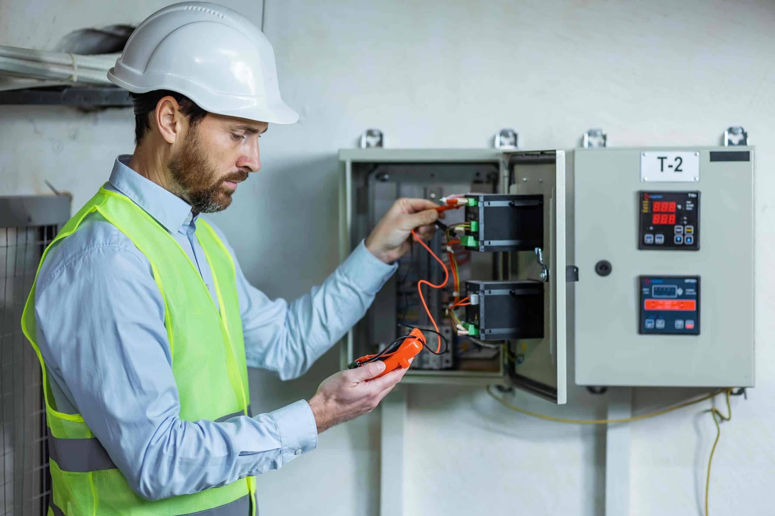A man wearing a white hard hat and yellow safety vest, likely a commercial electrician Suffolk County, uses a multimeter to check electrical connections in an open control panel mounted on a wall.